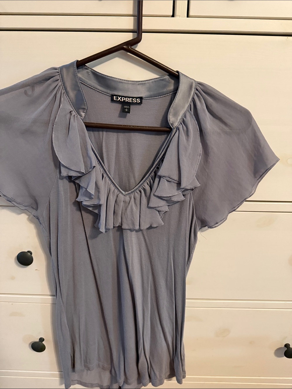 Express Light Gray Ruffle V-Neck Blouse - Picture 7 of 7